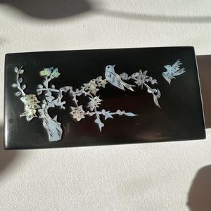 Vintage Black Lacquer Jewelry Box with Mother of Pearl Inlay Birds + Flowers